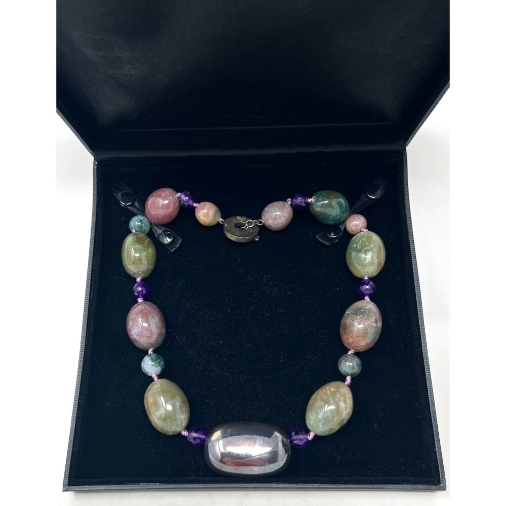 Rage Chunky Necklace Vintage 925 Silver Amethyst‎ Multicolor Mixed Stones 20"